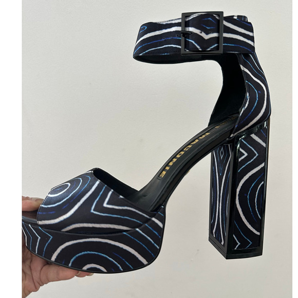 Kat Maconie Angel/Black Printed Satin Chunky High Heel Shoes like new size US 9 - Picture 9 of 16